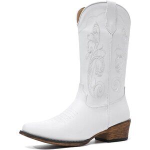 Women White Western Mid Boots Embroidered Cowgirl Boots Ladies Pointy Boot